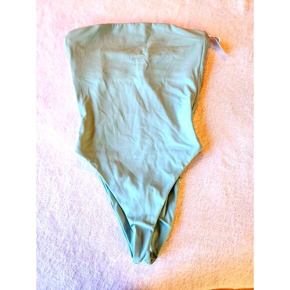 DOS GARDENIAS New Strapless One Piece Swimsuit Blue Size 2 Small Cut Out Econyl - Picture 1 of 9